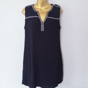 DANIEL RAINN Fringe & Embroidered Trim Crepe Trapeze Swing Tank Dress | Size S